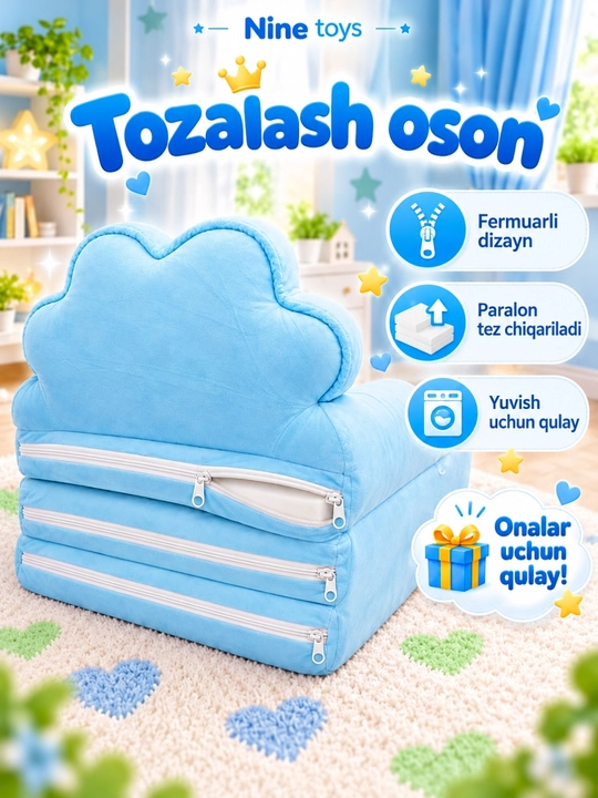Bolalar yumshoq kreslo-transformatori, 3 ta 1 da o‘rindiqli, kichkintoylar uchun