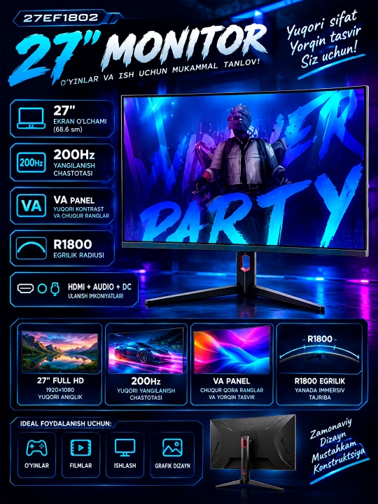 Everel 27EF1802 27 dyuymli monitor Flat monitor (HDMI+Audio+DC) VA Panel 200Hz R1800 ofis o‘yinlari uchun - 
