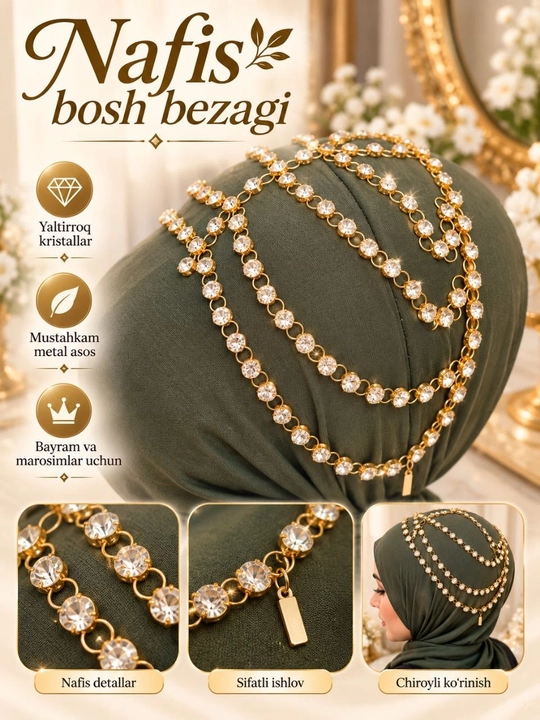 Hijob uchun zanjirli bosh bezagi, toshli hijob bezagi, hijob uchun taqinchoq - 