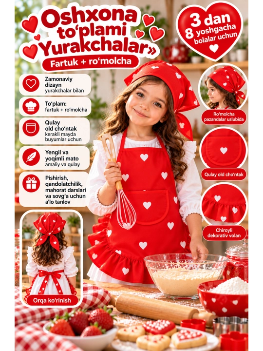 Kichkina qizlar uchun yahshi matodan oshxona va uy ishlari uchun fartuk va ro‘molcha