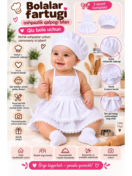 Chaqaloqlar uchun oshxona fartugi.6-9 oylikka mos keladi