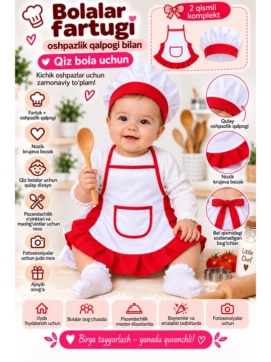 Chaqaloqlar uchun oshxona fartugi.6-9 oylikka mos keladi