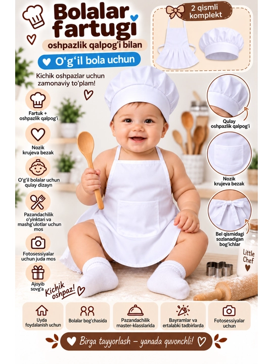 Chaqaloqlar uchun oshxona fartugi.6-9 oylikka mos keladi
