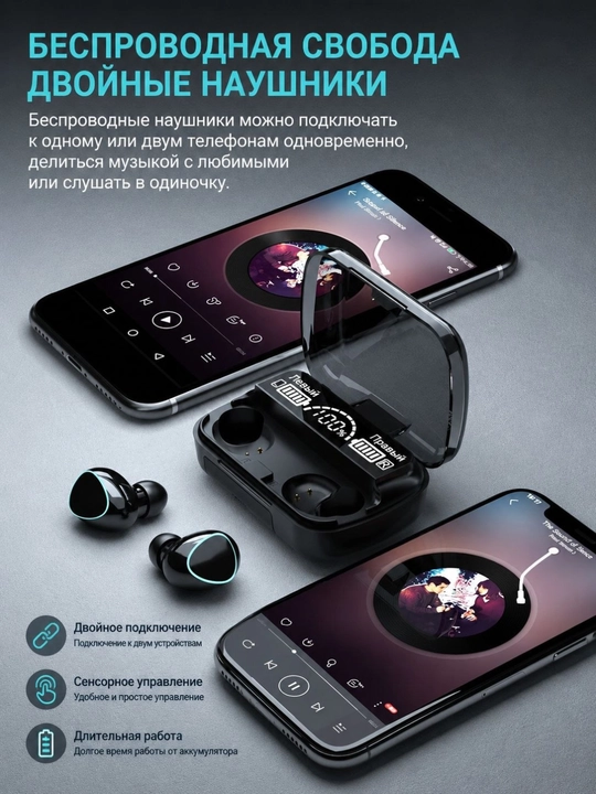 Naushnik — LED displeyli simsiz TWS quloqchinlar, Bluetooth va quvvatlash qutisi bilan