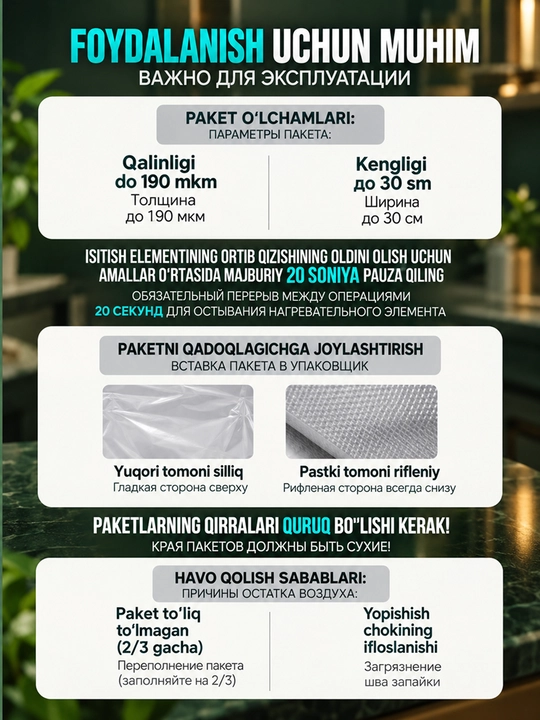 Muzlatilgan mahsulotlar uchun vakuumli qadoqlash uskunasi (50 paket bilan) kesgich bilan