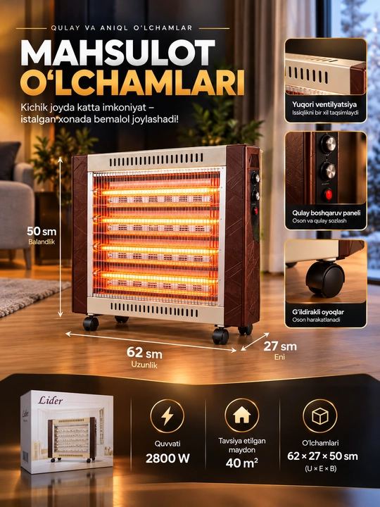 Elektr isitgich infraqizil nurli, quvvati 2400Vt isitish maydoni 25m² gacha elektr pechka