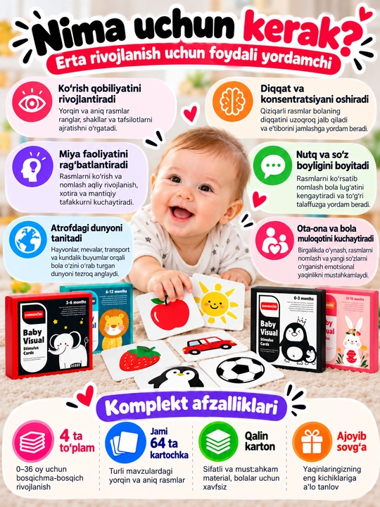 Bolalar uchun, rivojlantiruvchi, stimulyatsiya kartochkalari (0-36 oy)