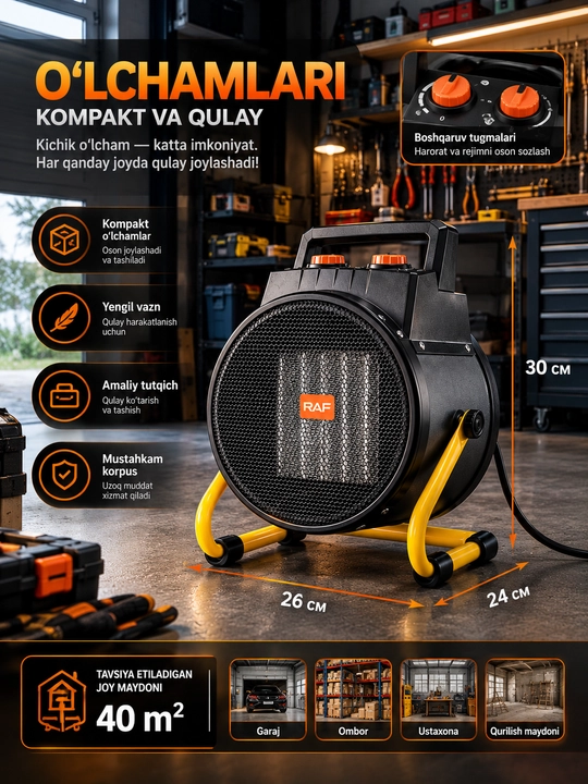 Isitgichlar, elektr isitgich pushka 3000W isitish maydoni 40m² gacha teplovintilyator