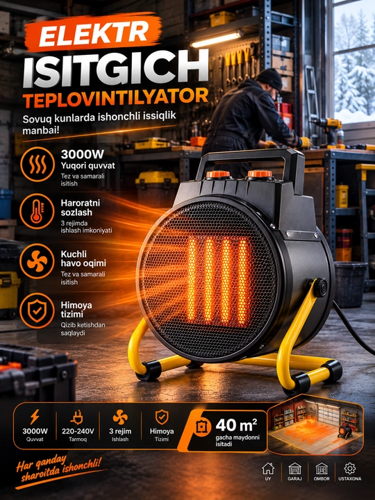 Isitgichlar, elektr isitgich pushka 3000W isitish maydoni 40m² gacha teplovintilyator - 