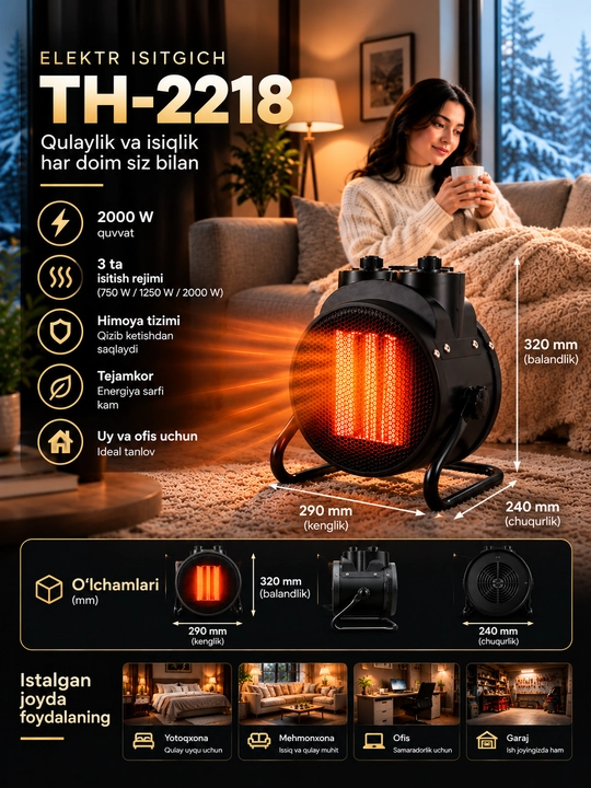 Isitgichlar, elektr isitgich pushka 3000W isitish maydoni 40m² gacha teplovintilyator