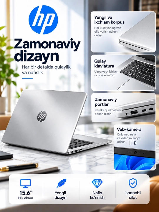 Noutbuk HP 15,6″, Intel N250, 4 GB RAM, 128 GB UFS, HD, kumushrang - 