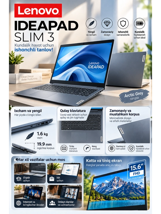 Noutbuk Lenovo IdeaPad Slim 3, Intel N100, 4GB RAM, 128GB SSD, 15.6″ FHD, kulrang