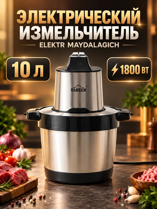 Чоппер электрический измельчитель UAKEEN, чоппер для мяса и овощей, до 10 л, до 1800 Вт - 