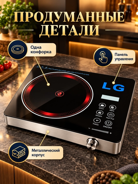 Индукционная плита настольная 3500 Вт, одна конфорка, сенсорное управление, таймер