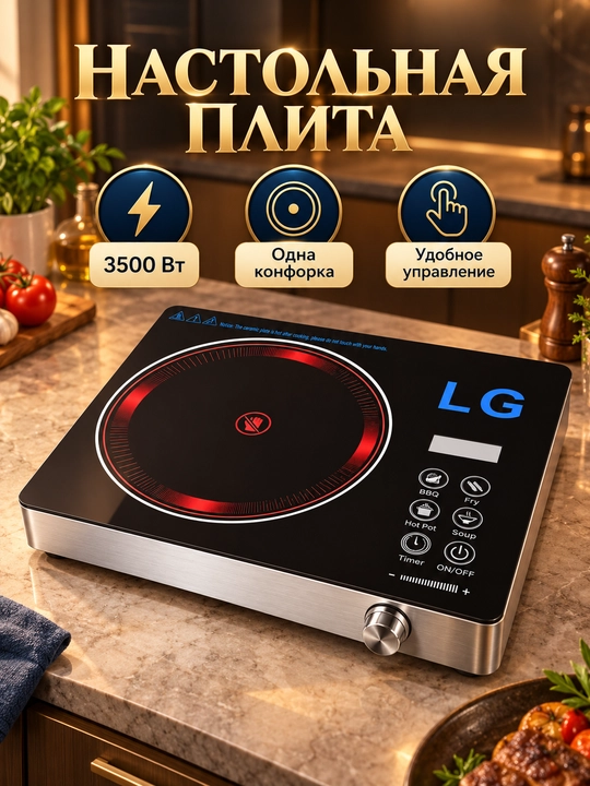 Индукционная плита настольная 3500 Вт, одна конфорка, сенсорное управление, таймер - 
