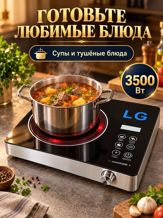 Индукционная плита настольная 3500 Вт, одна конфорка, сенсорное управление, таймер
