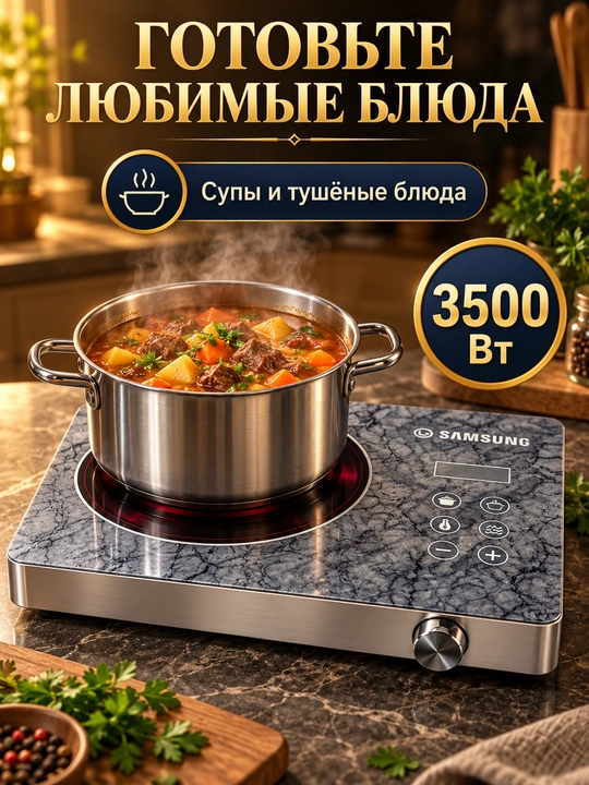 Индукционная плита настольная 3500 Вт, одна конфорка, сенсорное управление, таймер