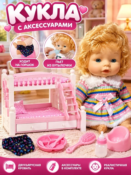 Qizlar uchun qo'g'irchoqli aravacha, ovozli, yig'iladigan aravacha, 2 tasi 1 da