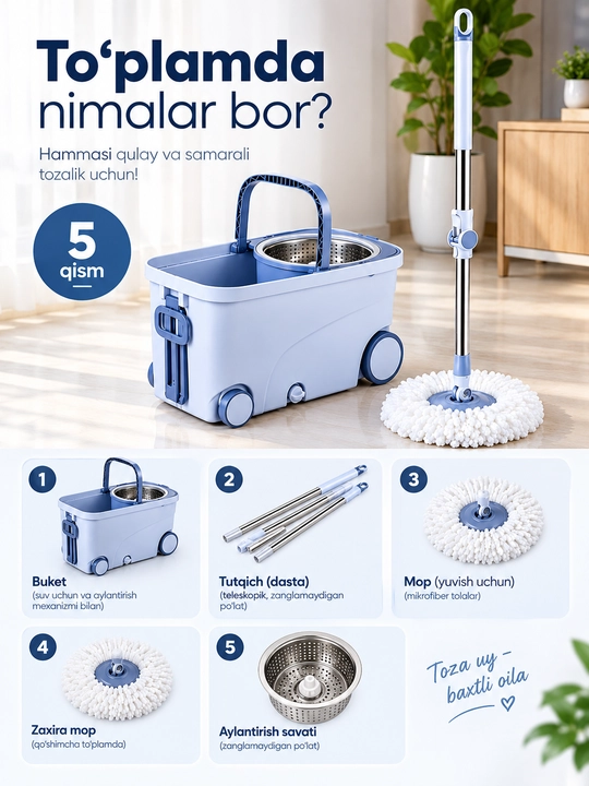 Tozalash to'plami, shvabra va chelak g'ildirakli, siqish moslamali, 360 daraja aylanali