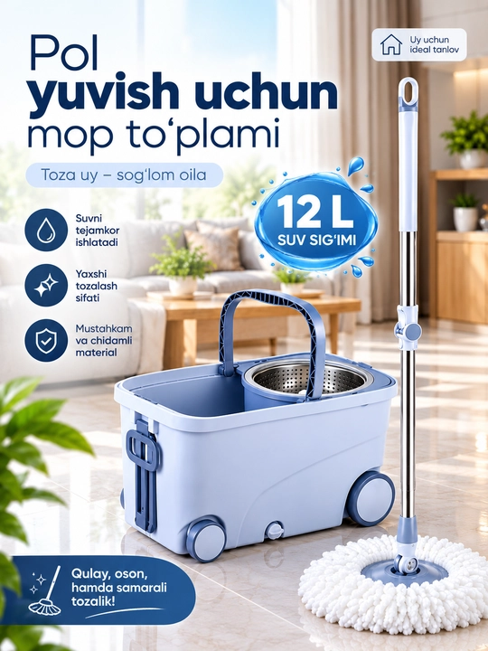 Tozalash to'plami, shvabra va chelak g'ildirakli, siqish moslamali, 360 daraja aylanali - 