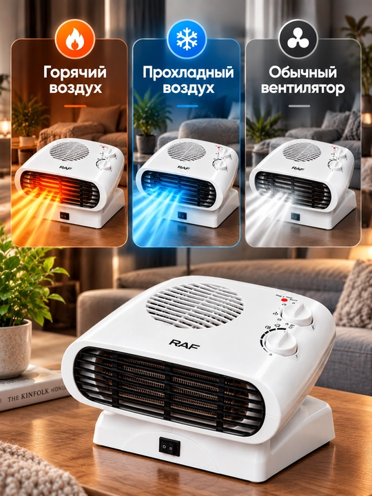 RAF elektr isitgichi 2000 Vt ventilyatorli, polga va stolga qo‘yiladigan, uy va ofis uchun