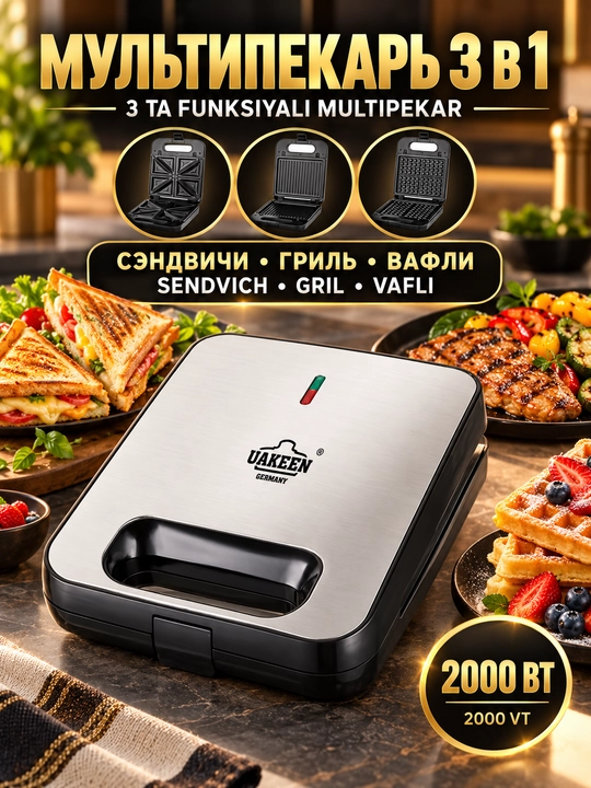 Вафельница мультипекарь UAKEEN со сменными панелями, сэндвичница, электрогриль - 