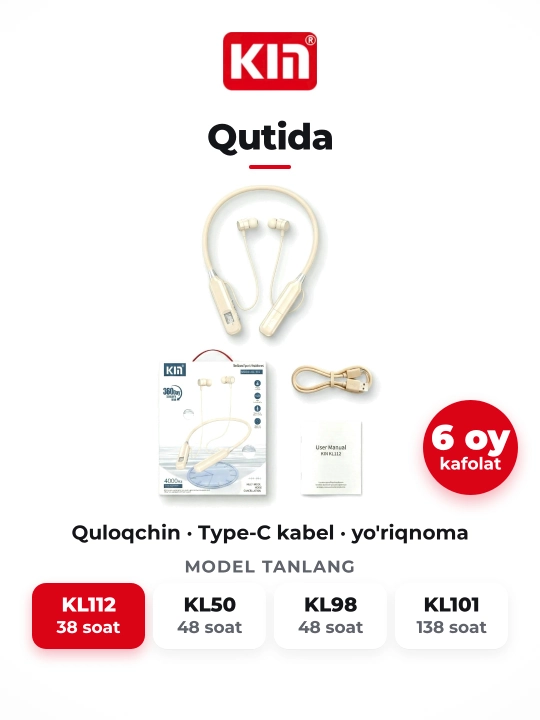 Беспроводные наушники KIN KL112 neckband Bluetooth 38 часов батареи спорт