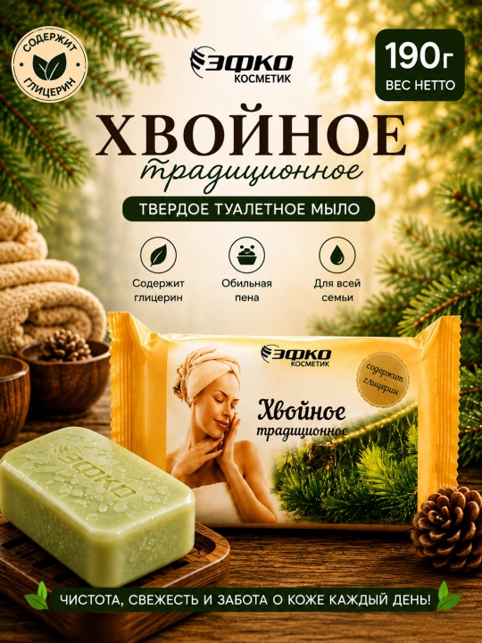 Хвойное традиционное мыло, 190 г, глицериновое мыло с ароматом хвои