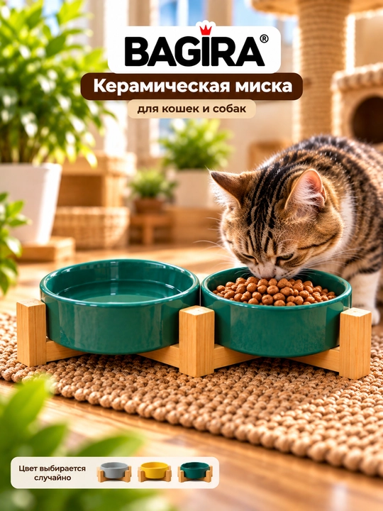 Двойная керамическая миска BAGIRA для кошек и собак на деревянной подставке - 