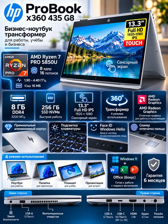 Noutbuk HP ProBook x360 435 G8 transformer Ryzen 7 PRO 5850U 8/256GB SSD 13.3″ FHD Touch - 
