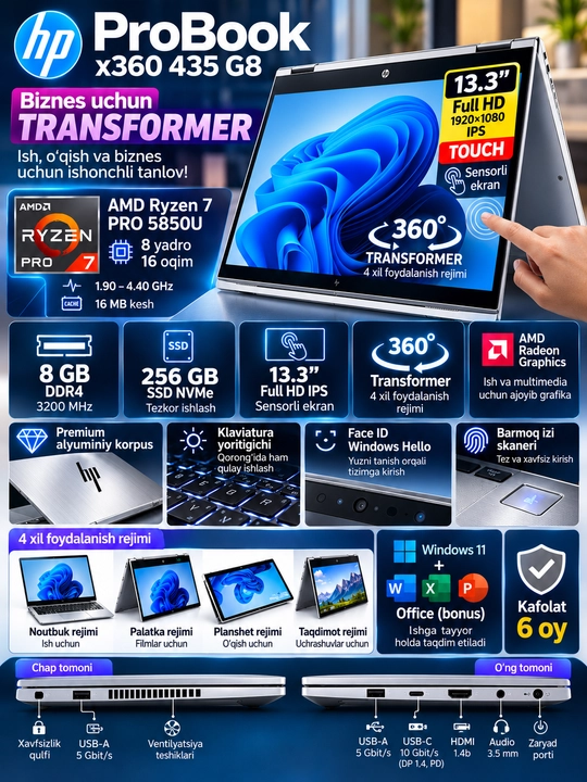 Noutbuk HP ProBook x360 435 G8 transformer Ryzen 7 PRO 5850U 8/256GB SSD 13.3″ FHD Touch
