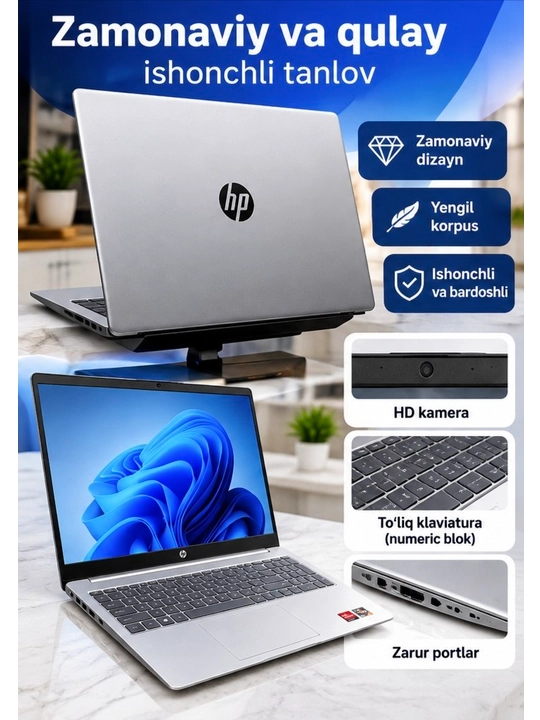 HP Laptop 15, Ryzen 3 7320U, 8GB RAM, 512GB SSD, 15.6" FHD IPS, Silver - 