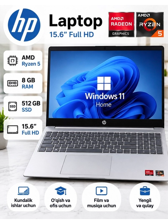 HP Laptop 15, Ryzen 3 7320U, 8GB RAM, 512GB SSD, 15.6" FHD IPS, Silver