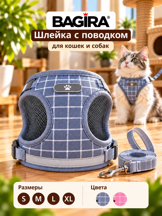 Шлейка для кошек и собак BAGIRA с поводком, размеры S–XL