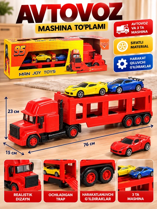 Bolalar uchun mashina tashuvchi yuk avtomobili va 3 ta o‘yinchoq mashina to‘plami - 