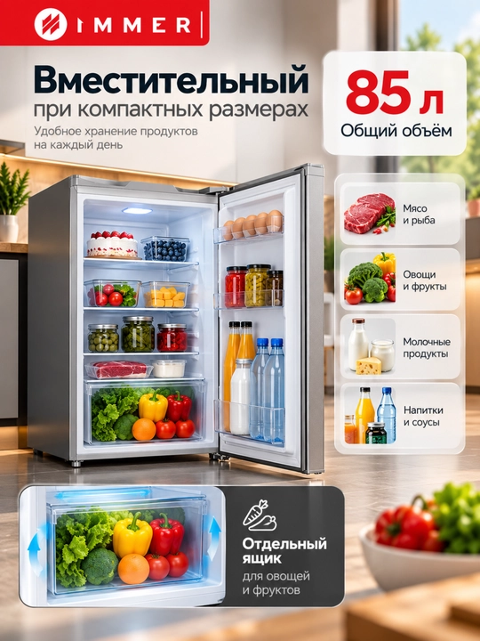 Мини-холодильник IMMER DF85SD-SILVER, 85 л, DeFrost, A+, серебристый