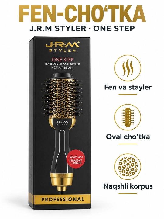 Fen-cho‘tka J.R.M Styler One Step, oval soch cho‘tkali fen va stayler, pushti - 