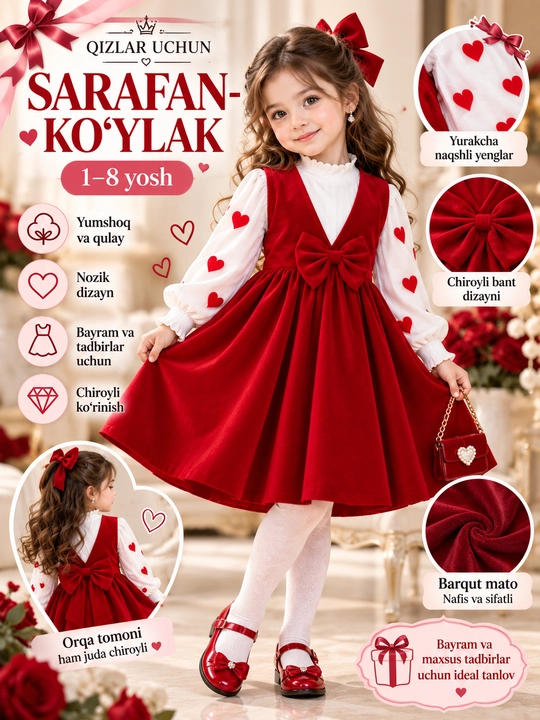 Qizlar uchun ko‘ylakchalar, oq kofta bilan, kundalik kiyish va bayramona koylaklar