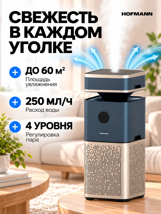 Hofmann SAP2540DCWH/HF — очиститель и увлажнитель воздуха 2-в-1 с HEPA, Wi-Fi, UV